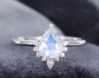 Moonstone engagement ring vintage Pear shaped White gold engagement ring Unique moissanite/diamond ring Bridal Promise Anniversary gift