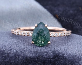 Pear shaped Moss Agate engagement ring rose gold engagement ring vintage Moissanite /Diamond ring Bridal Jewelry Anniversary gift for her
