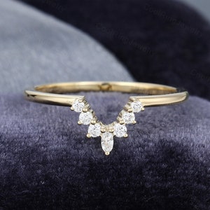 Unique Curved wedding band yellow gold Marquise cut Diamond/Moissanite ring vintage stacking matching band Bridal set Promise Gift for women