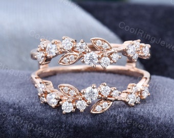 Unique Rose gold wedding band vintage Double Moissanite wedding band women Floral stacking matching Bridal set Promise Anniversary Gift