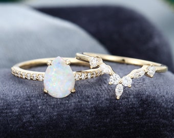 Pear shaped Opal engagement ring set yellow gold vintage engagement ring Marquise Moissanite/ Diamond Bridal set Anniversary gift for women