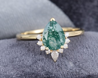 Pear shaped Moss Agate engagement ring vintage Yellow Gold engagement ring art deco Unique diamond ring Bridal Anniversary gift for her