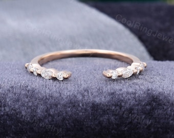 Marquise cut Lab grown diamond Wedding band Rose gold Open ring Unique half eternity moissanite stacking matching ring Anniversary ring