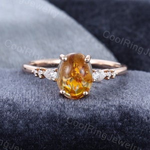 Anillo de compromiso de ámbar ovalado Anillo de compromiso de oro rosa con diamante en forma de pera único Anillo de compromiso art déco Anillo de aniversario de bodas como regalo