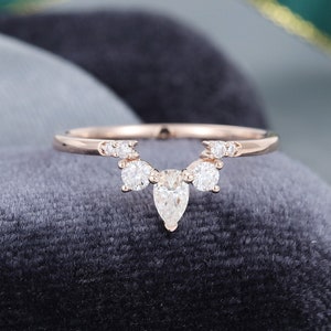 Curved wedding band women Unique pear shaped Moissanite wedding band rose gold vintage stacking ring matching Promise Gift for women
