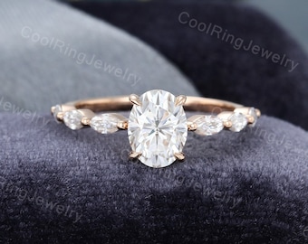 Oval Moissanite engagement ring 18K Solid Rose gold ring Marquise cut Natural Diamond ring Art deco Wedding Anniversary gift for women