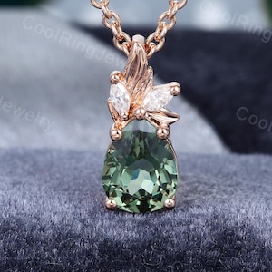 Pear shaped Green Sapphire Necklace Dainty Pendant Necklace Solid 18k rose gold wedding Pendant Unique Diamond anniversary Necklace