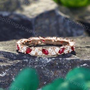 Full eternity Ruby wedding band Vintage 18k Solid Rose Gold ring Unique Marquise cut stacking matching Bridal Promise ring