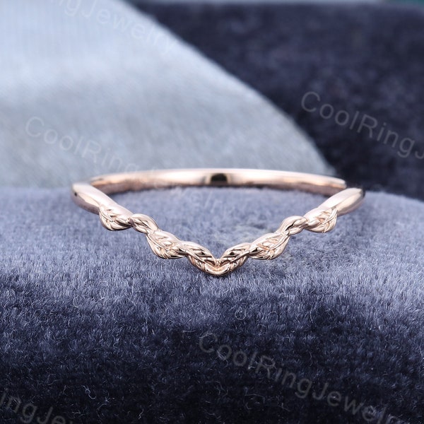 Wedding band women Solid 14k gold ring Unique Curved rose gold wedding ring Art deco Leaf ring Bridal Promise ring Wedding Anniversary gift