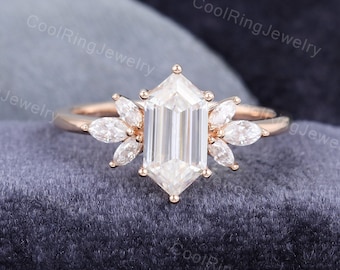 Elongated Hexagon cut Moissanite engagement ring Solid Rose gold ring Marquise cut Moissanite ring art deco Bridal anniversary ring