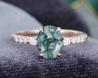 Moss agate engagement ring vintage Oval cut Rose Gold engagement ring Half eternity Diamond ring Bridal ring Anniversary gift for women