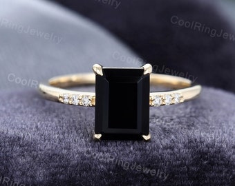 Emerald cut Black Onyx engagement ring Diamond cluster vintage ring Yellow gold engagement ring Bridal ring Anniversary gift for women