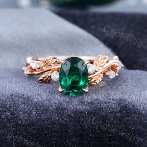 Oval Emerald engagement ring Leaf Branch Moissanite ring 14K Solid Rose gold ring Nature Inspired Ring Bridal Wedding Anniversary ring