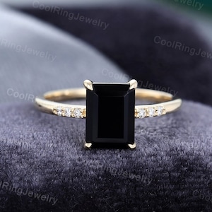 Emerald cut Black Onyx engagement ring Diamond cluster vintage ring Yellow gold engagement ring Bridal ring Anniversary gift for women