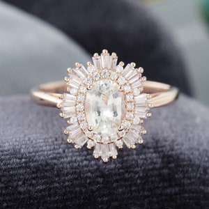 White Sapphire engagement ring rose gold Halo Diamond ring Vintage engagement ring Unique art deco Oval cut baguette Antique gift for women