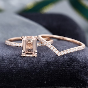 Emerald cut Morganite engagement ring Unique moissanite diamond engagement ring rose gold vintage Unique curved ring Bridal anniversary gift