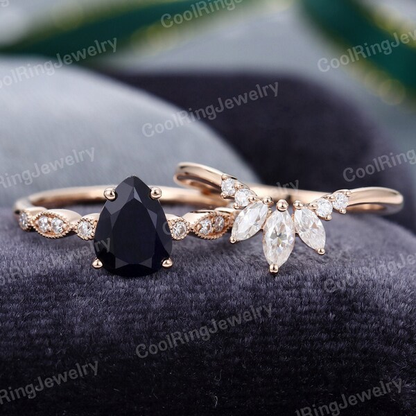 Pear shaped black sapphire engagement ring set vintage Unique rose gold engagement ring for women curved Moissanite/Diamond ring bridal gift