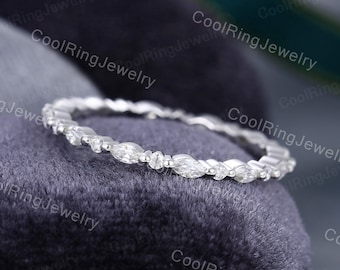 Lab grown diamond wedding band Vintage White Gold ring Unique Full eternity Marquise cut Moissanite stacking matching Bridal Promise gift