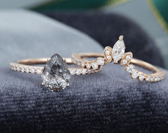 Pear shaped Black Rutilated Quartz engagement ring Rose gold ring set Marquise cut Moissanite Diamond vintage ring bridal gift for women