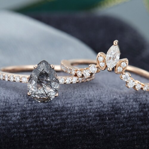 Pear Shaped Moissanite Engagement Ring Set Rose Gold Marquise - Etsy