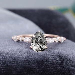 Pear shaped Black Rutilated Quartz engagement ring Rose gold moissanite ring Half eternity band Solid 14k Marquise cut bridal ring for her