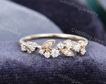 Floral Moissanite wedding band Solid Yellow gold band Unique Leaf ring Diamond Stacking matching ring Wedding Promise ring Anniversary ring