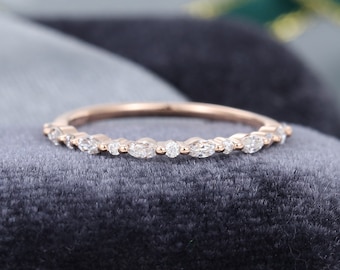 Half eternity Lab grown diamond wedding band women Moissanite band Solid Rose gold ring Marquise cut diamond stacking matching ring gift