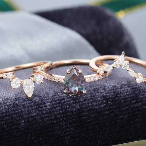 Vintage Alexandrite Engagement Ring Set Pear Shaped Women Rose - Etsy