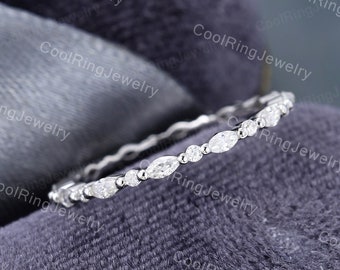 Moissanite wedding band women White Gold ring Unique Full eternity Marquise cut stacking matching vintage ring Bridal ring Promise gift