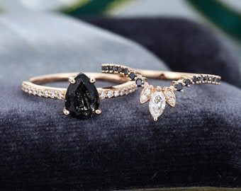 Pear shaped Black Rutilated Quartz engagement ring set Rose Gold engagement ring Curved black onyx ring Bridal ring Anniversary gift