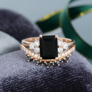 2pcs Emerald Cut Black Onyx Engagement Ring Set Rose Gold Vintage for ...