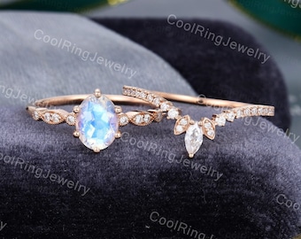 Oval cut Moonstone engagement ring set Rose gold vintage ring Unique Curved Marquise cut Moissanite Diamond ring Anniversary gift for women