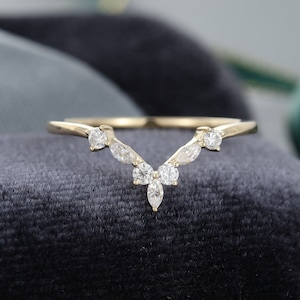 Curved wedding band women yellow gold Moissanite /diamond wedding band vintage Marquise cut stacking Unique Bridal Anniversary Gift for her