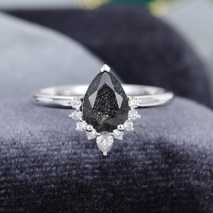 Pear shaped Black Rutilated Quartz engagement ring vintage White Gold engagement ring Diamond Bridal Anniversary gift for women