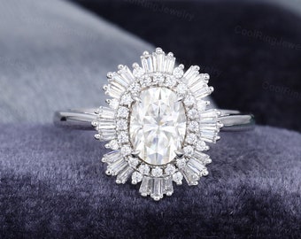 Vintage Moissanite engagement ring White gold ring Halo Natural Diamond ring Unique art deco baguette cut moissanite ring Antique gift