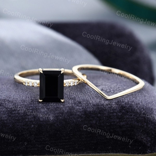 Emerald cut Black Onyx engagement ring set Diamond Cluster yellow gold engagement ring Unique Curved band Bridal gift for women