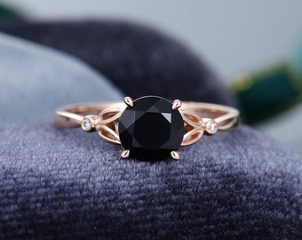 Black Onyx engagement ring rose gold Unique engagement ring vintage Diamond ring Delicate antique Bridal Anniversary gift for women