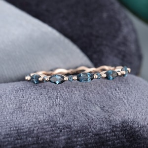 London Blue Topaz wedding band women Solid 14K rose gold Unique Full eternity Marquise cut wedding band vintage stacking matching band