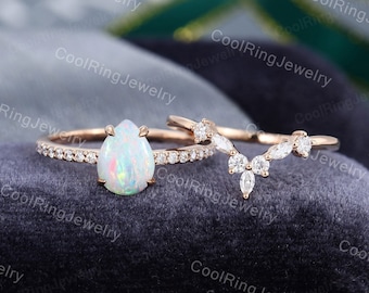 Pear shaped Natural Opal engagement ring set Solid rose gold ring Marquise cut Moissanite Bridal set art deco Wedding Anniversary gift