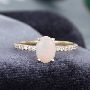 Oval cut Opal engagement ring yellow Gold Minimalist ring engagement ring vintage Half eternity diamond ring Bridal ring Anniversary ring image 8