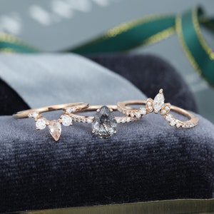 Pear shaped Black Rutilated Quartz engagement ring set Rose Gold ring Unique Marquise cut moissanite ring vintage ring Bridal gift for women