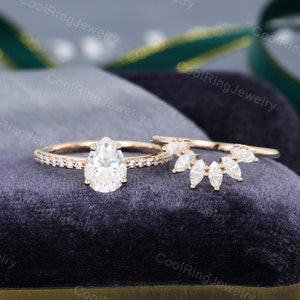 Pear shaped Moissanite engagement ring set vintage engagement ring Rose Gold Marquise cut ring art deco Bridal Anniversary gift for her