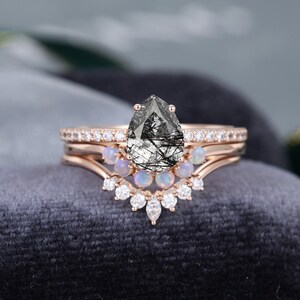 Pear shaped Black Rutilated Quartz engagement ring set Rose gold Moissanite vintage ring Opal ring Bridal ring promise gift for women