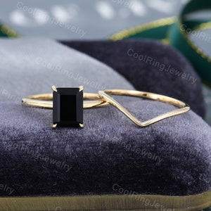 Emerald cut Black Onyx engagement ring vintage Yellow gold engagement ring Minimalist ring art deco Bridal anniversary promise gift for her