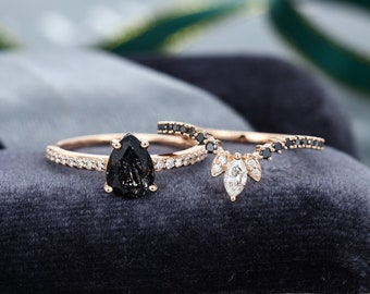 Pear shaped Black Rutilated Quartz engagement ring set Rose Gold engagement ring Curved black diamond ring Bridal ring Anniversary gift
