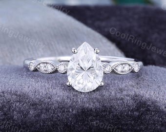 Pear shaped engagement ring Unique white gold Moissanite engagement ring Antique ring Promise ring Anniversary gift for women