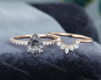 Black Rutilated Quartz engagement ring set Rose Gold Pear shaped engagement ring Curved Moissanite Diamond ring bridal ring gift for women