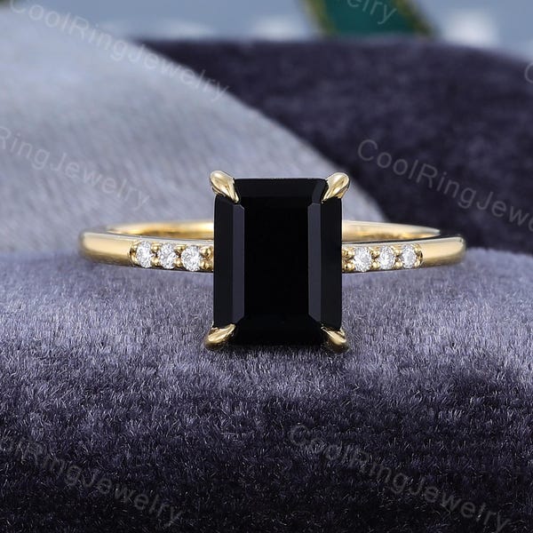 Emerald cut Black Onyx engagement ring vintage Yellow gold engagement ring Vintage Bridal ring Wedding Anniversary gift for women