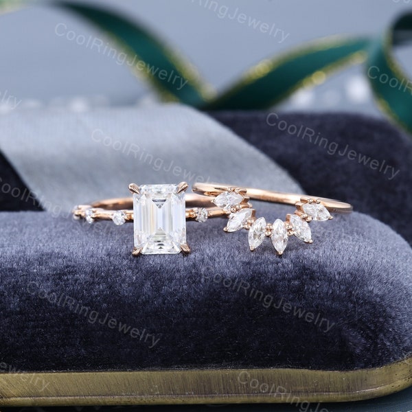 Vintage Emerald cut Moissanite engagement ring set Rose gold engagement ring Unique half eternity ring Wedding promise Anniversary ring set