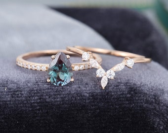 Pear shaped Alexandrite engagement ring set White gold engagement ring Marquise cut Moissanite Diamond ring Bridal Promise gift for women